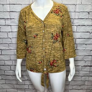 Fig and Flower Womens Tan Floral Embroidered Knitted Cardigan Sweater Size 3X